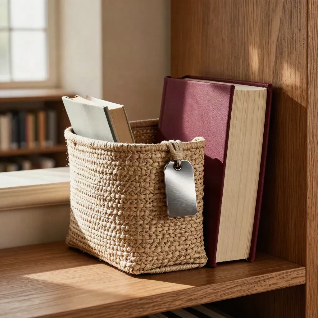 Tote intrecciata con libri appena presi in prestito accanto a uno scaffale basso in rovere.