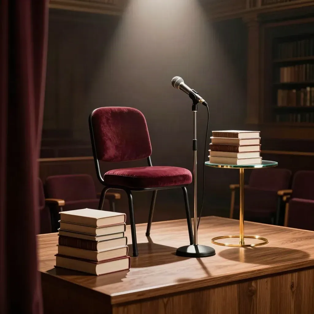 Poltrona vuota, microfono, libri e bicchiere su palco di biblioteca, in attesa di un autore