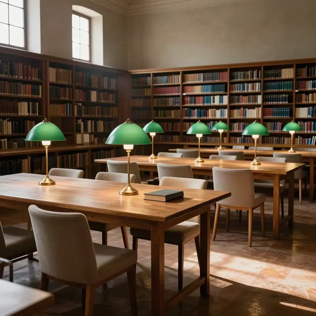 Sala lettura silenziosa con tavoli ordinati, lampade verdi e luce calda filtrata.