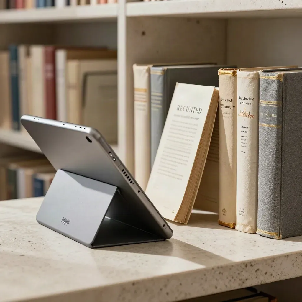 Tablet inclinato, scanner e libri in coda su supporto in pietra, in una biblioteca silenziosa.