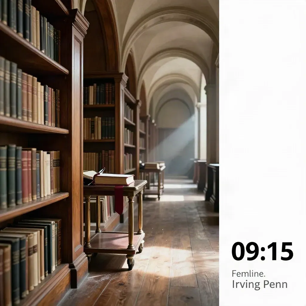 Sala lettura storica con scaffali in legno, carrello libri e luce mattutina morbida.