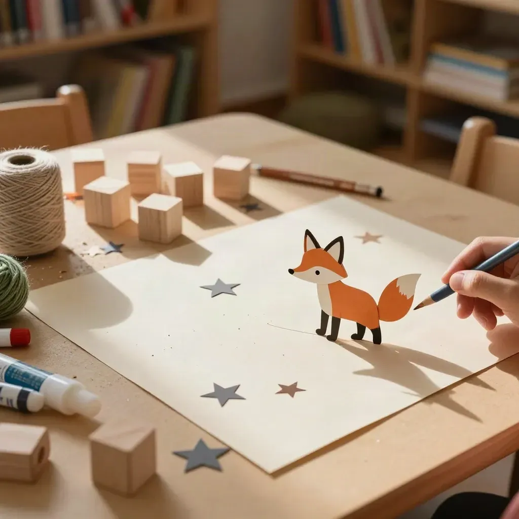 Tavolo creativo per laboratori bimbi con stelle di carta, blocchi in legno e animaletto pop-up.