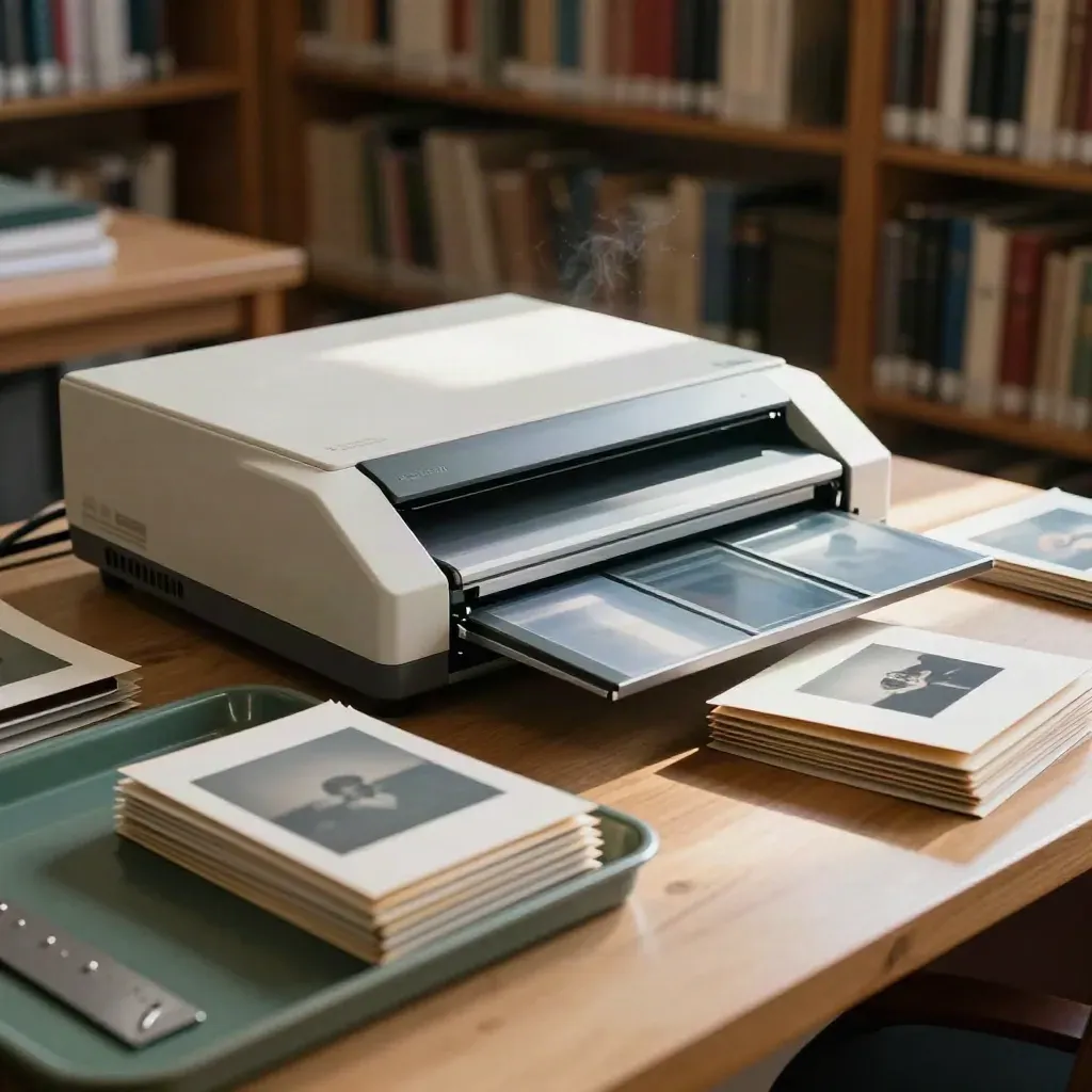 Postazione d’archivio con scanner, scatole acid-free e buste fotografiche in luce calda.