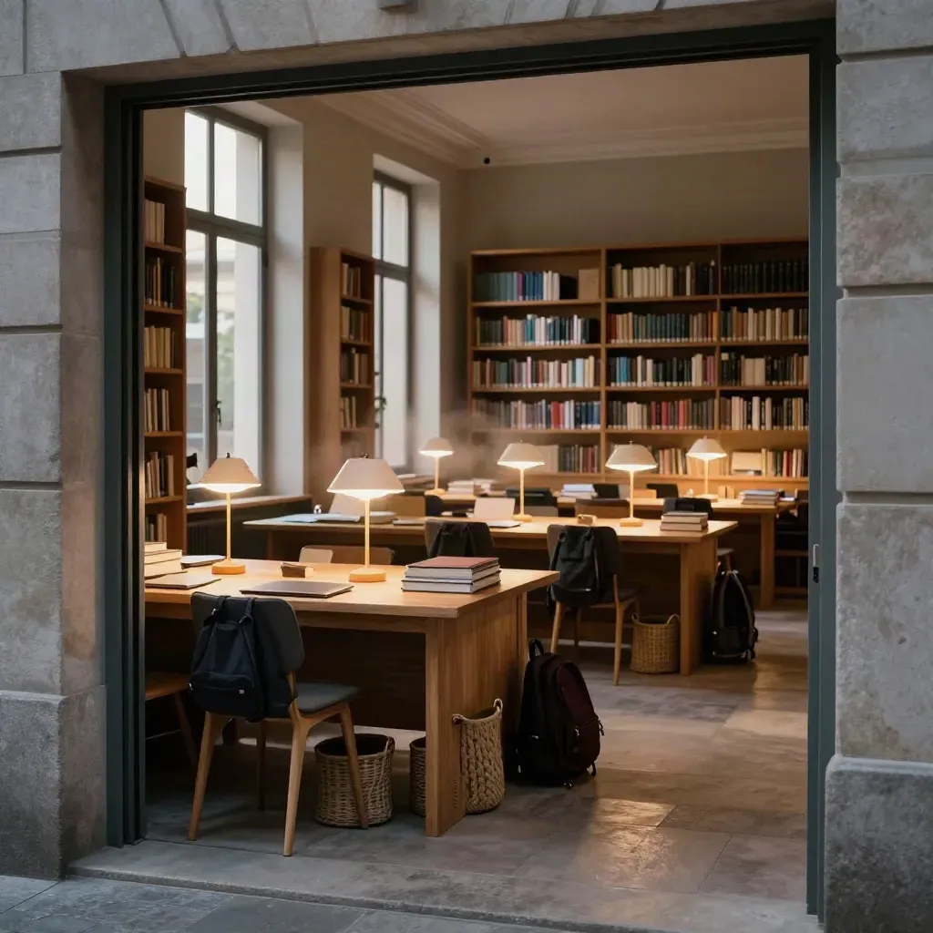 Sala studio serale di biblioteca con lampade accese, zaini sotto i tavoli e atmosfera calda.