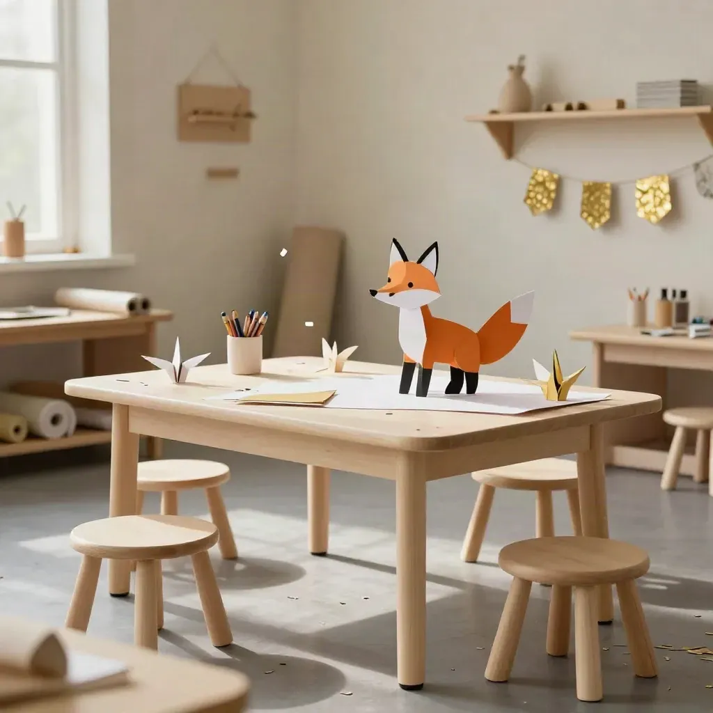 Aula laboratorio per bambini pronta dopo il sabato, con animali di carta, pastelli e sgabelli.
