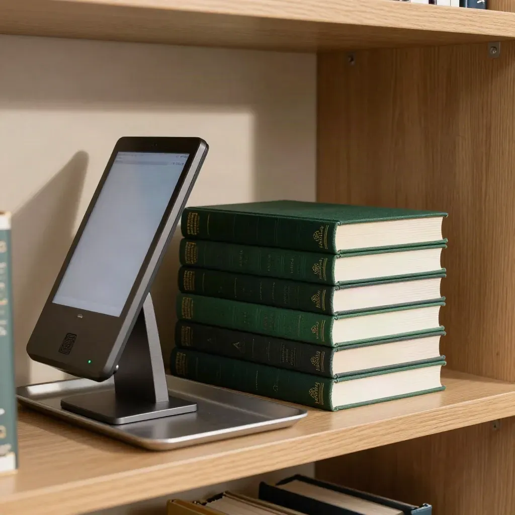 Libri scelti, terminale silenzioso e vassoio restituzione quasi vuoto in biblioteca.