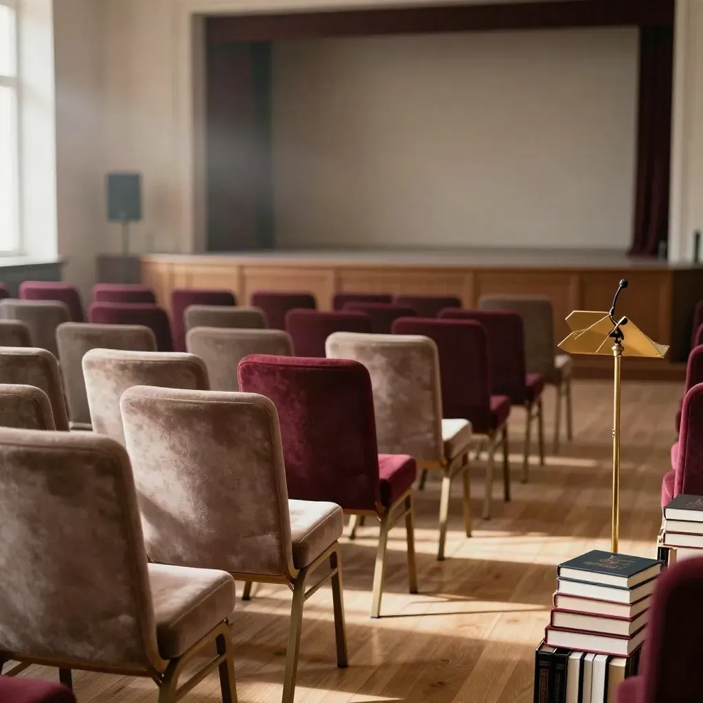 Sala eventi della biblioteca dopo l'incontro, sedie vuote, microfono, leggio e libri sul palco.