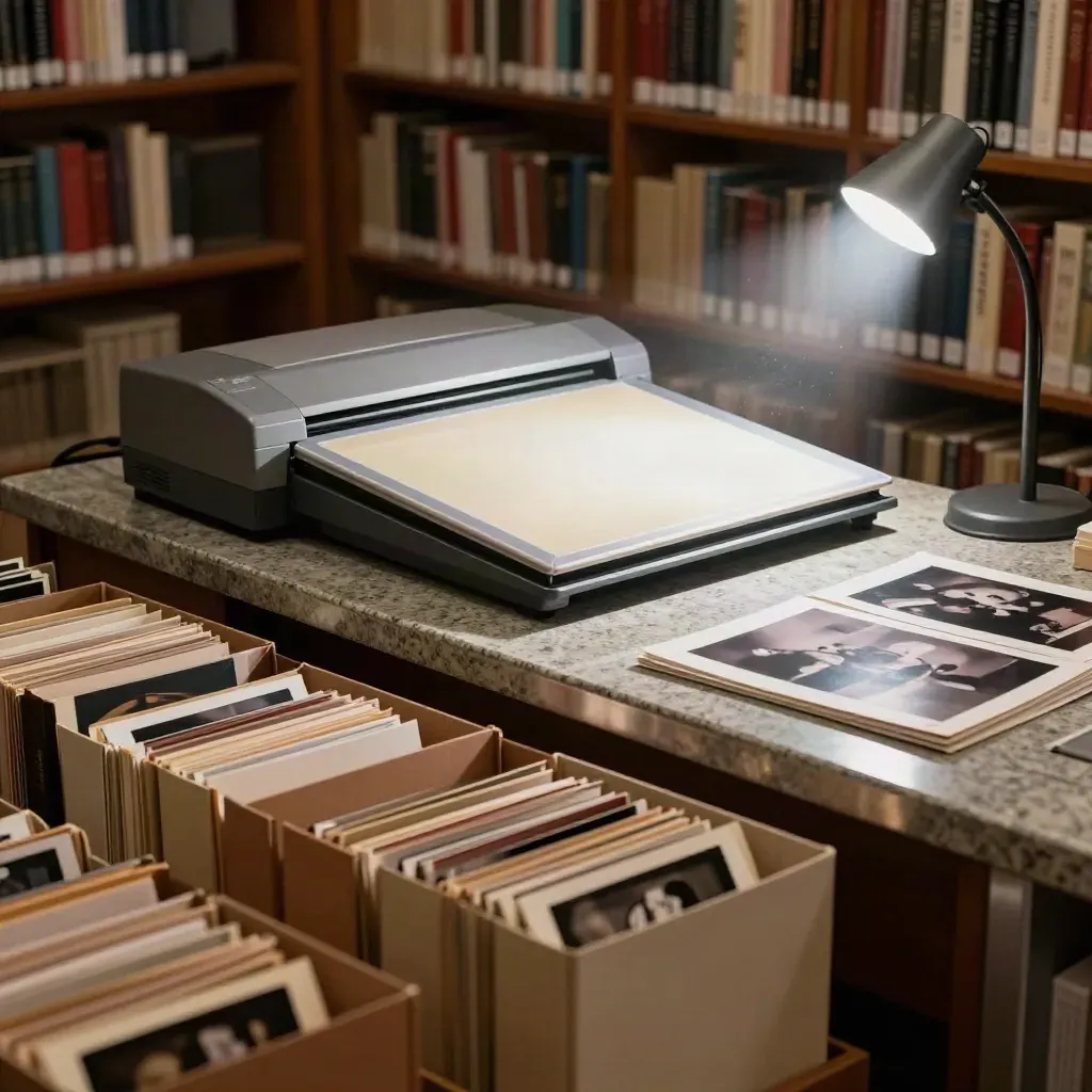 Archivio con scanner acceso, bustine per negativi e scatole aperte in luce avorio.