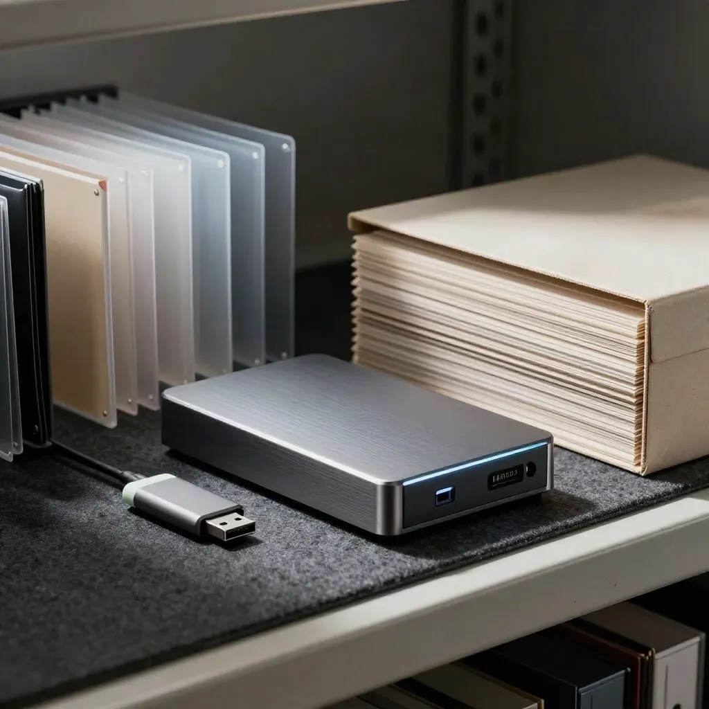 Dock archivio digitale con chiave USB, buste negative e scatola acid-free in luce drammatica.