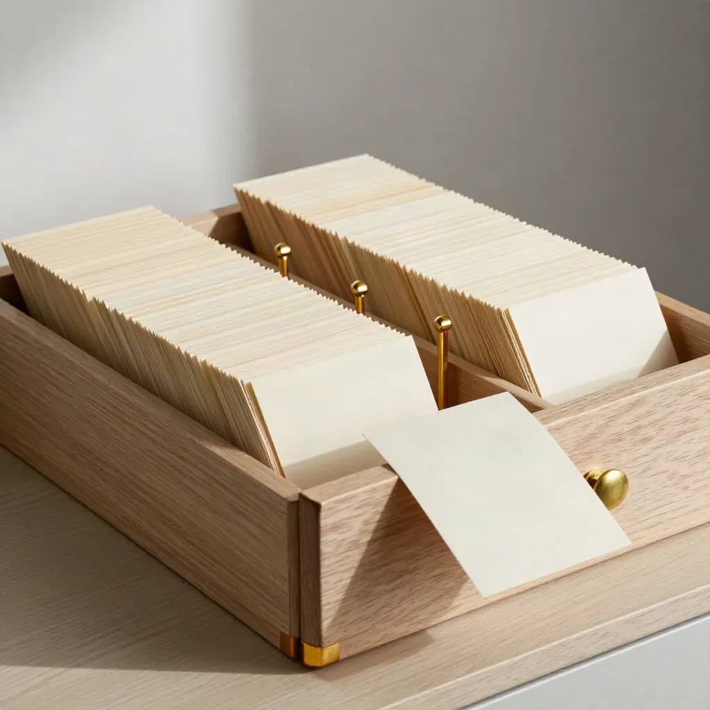 Cassetto catalogo in legno con schede e ottone, vista dall’alto su piano chiaro.