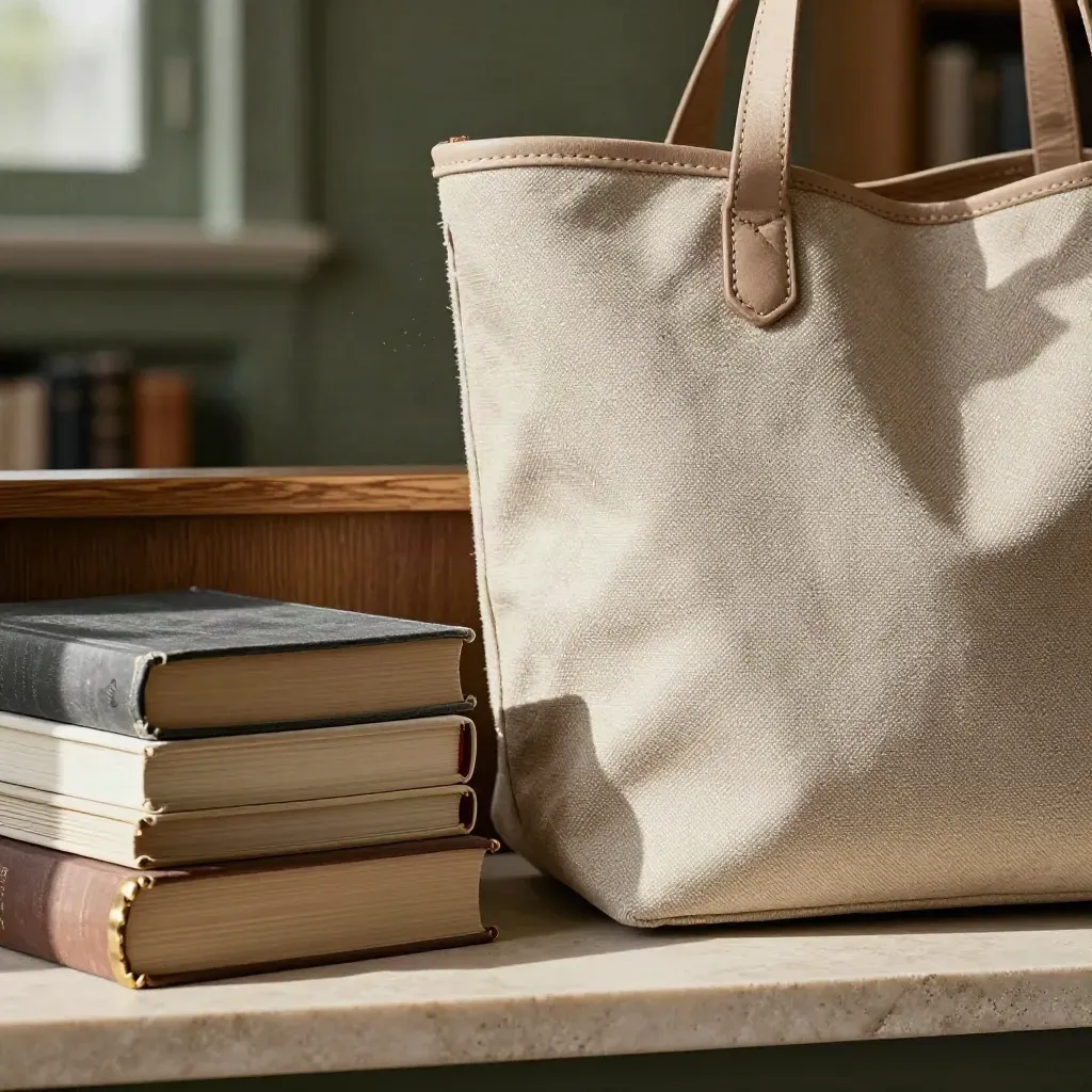Tote in tela, libri da ritirare e cubby in legno su fondo neutro, luce morbida.