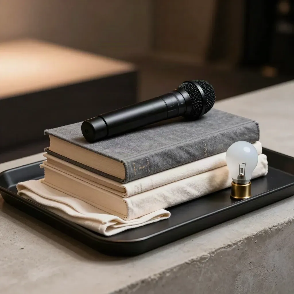 Microfono, libri e lampadina su vassoio nero, pronto per un evento serale in biblioteca.