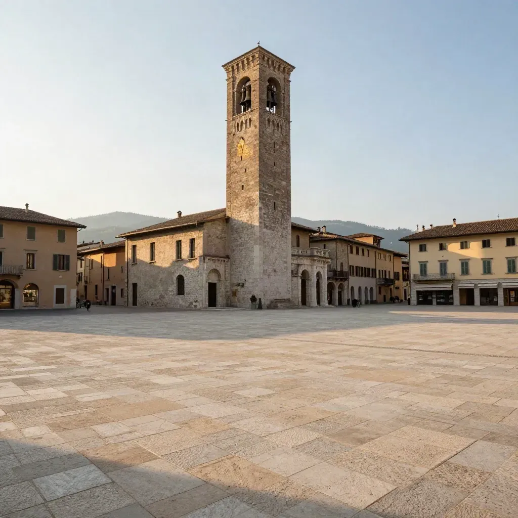 Campanile e piazza in pietra della Lombardia al tramonto, con colline morbide sullo sfondo.