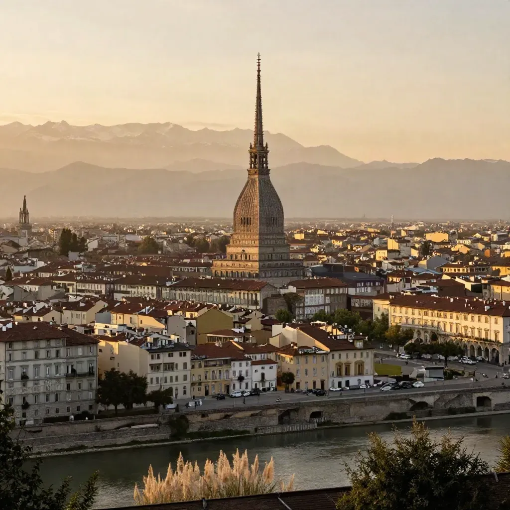 Panorama di Torino al tramonto con la Mole Antonelliana e foschia sulle Alpi