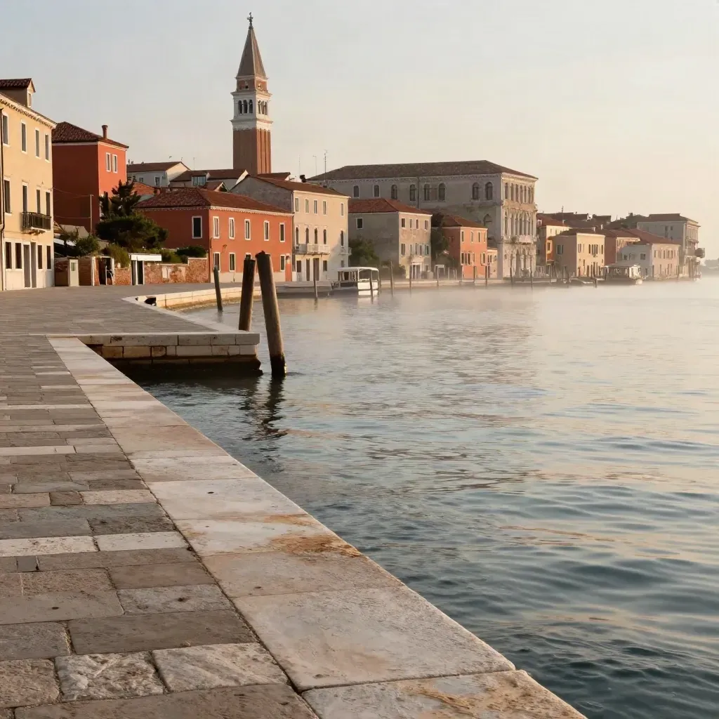 Banchina veneziana al tramonto con acqua calma, tetti in terracotta e campanile lontano.